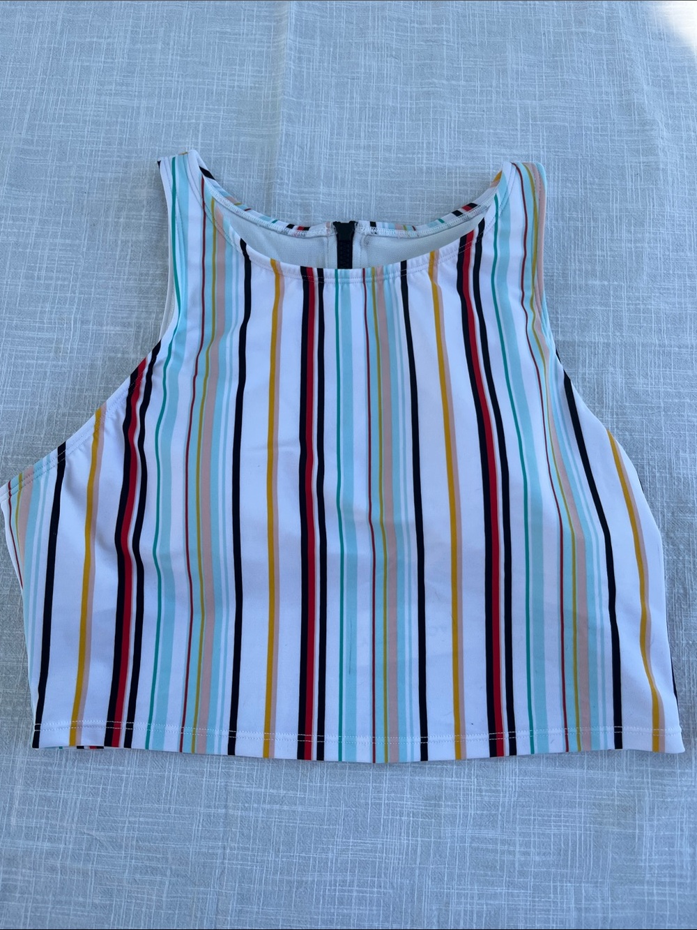 High-Neck Cropped Multicolor Striped Swim Top in White‎